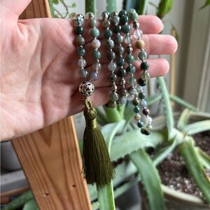 Moss Agate Green Beaded Necklace with Tassel